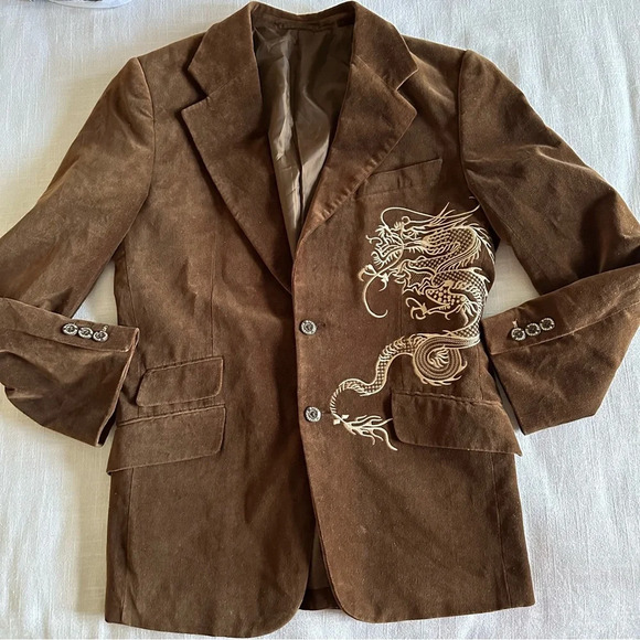 Dragonfly Vintage Velvet Blazer Jacket Brown Mens Dragon Retro Sz 42 Large - Picture 1 of 9